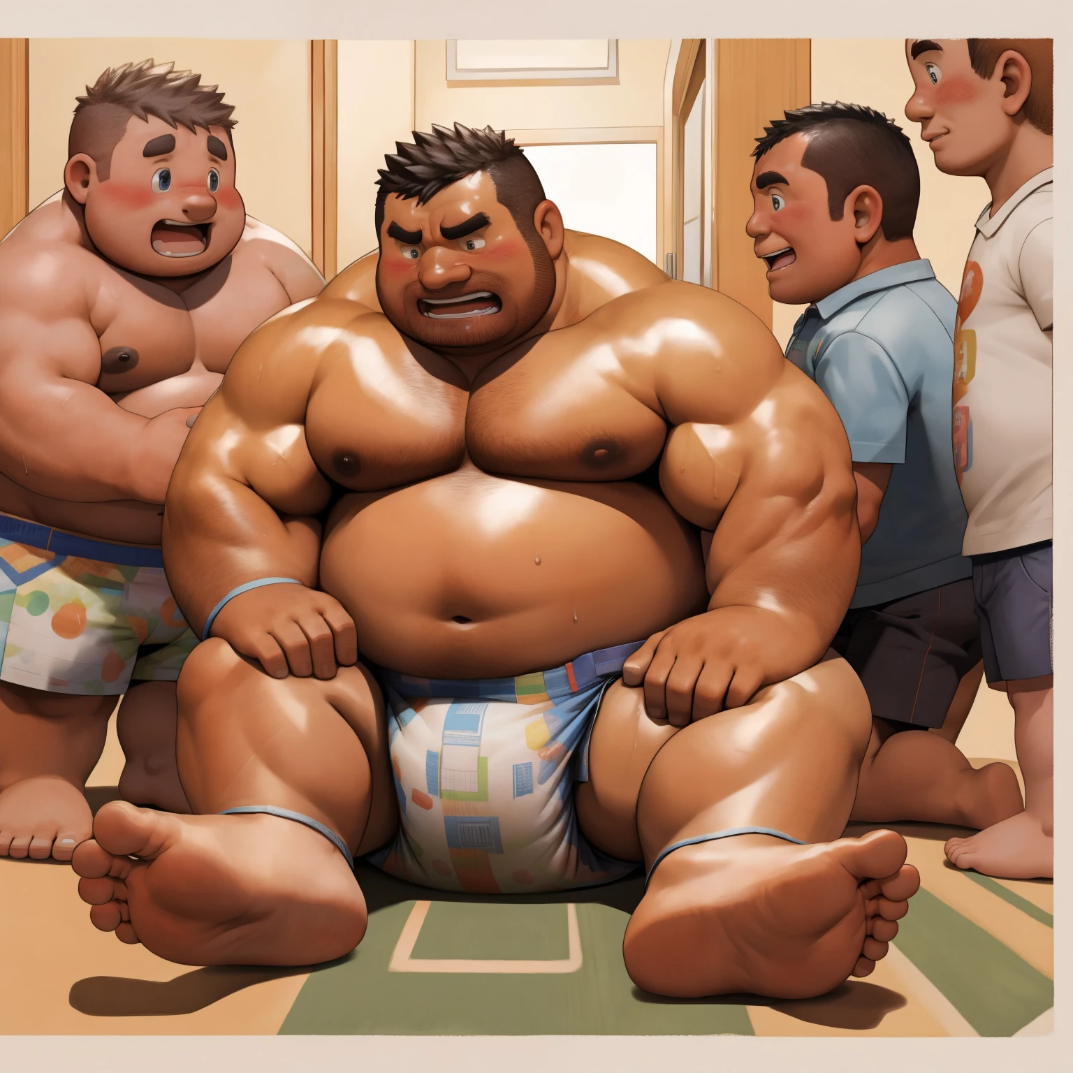 masterpiece, Top quality, in 32K, perfect anatomy, hyper detailed, super fine illustration, The thick man is a brutal prisoner, retarded, hairy human, 50yo in Japan, (fatness: 1.0), Fatty muscle, Bowleg, disappointment, incontinent, shy, sissy, Weaker than children, Drool, Round face, be diaper check by children, waddle, There is a small puddle under him, incontinent, Naked, short legs, Bowleg, spread legs, wear a White cloth Diaper, Bare belly, Bare legs, Bare foots, Bare soles, Shirtless, wide forehead and short thinning hair, Man with round face with stubble, Bare foots, Bare soles, He enters nursery school and is despised by children, He surrounded by children, His bottom is wet, Bare foots, big butt, he is scolded by the children, White Diaper, He surrounded by children, sobbing, wear a White cloth Diaper, shirtless, There is a small puddle under him, He enters nursery school and is despised by children, big butt, sobbing, He crawling to go to children, on all fours, side view