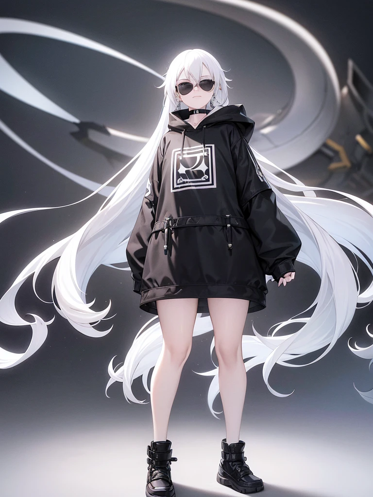 white background, 1girl, full body, adult, standing, pale skin, very long white hair, white hair, loose sunglasses, blue eyes, oversized black hoodie, black shoes, black nails, black choker, black thigh belt, silver earrings, smirk.