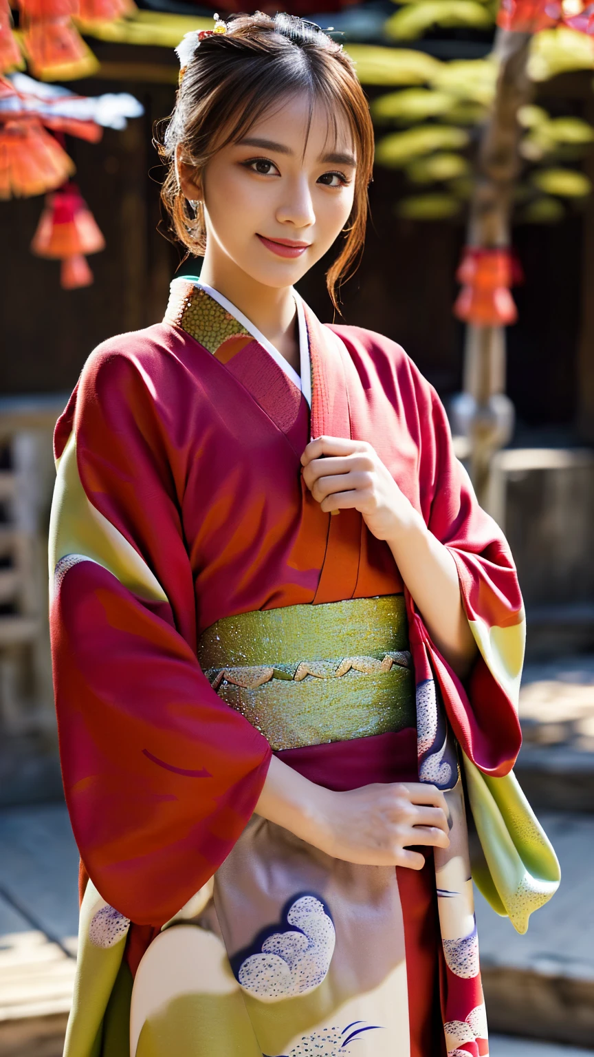 (((Regular dressing:1.5))),(Surreal), (High resolution), (8K), (Very detailed), (Best illustrations), (Beautifully detailed and sparkling eyes), (Highest quality), (Very detailedな), (masterpiece), (wallpaper), (Detailed face), (Beautiful smile)、(Beautiful expression)、One female、Looking into the camera、((Glamorous Body))、(((Beautiful kimono、National treasure-class kimono,Thick kimono:1.5)))