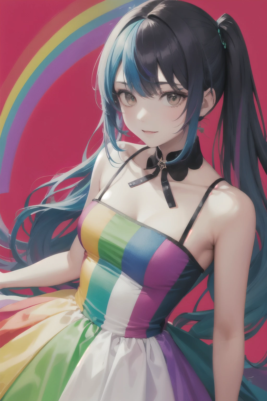 A woman with rainbow-color hair and a rainbow-color dress is standing in front of a colorful background