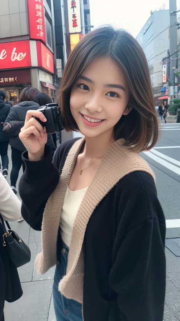 Beautiful woman、Tokyo、date photo、Stylish、real、Realistic、film、Japanese、18-year-old、looking at the camera、laughing、Amateur filming