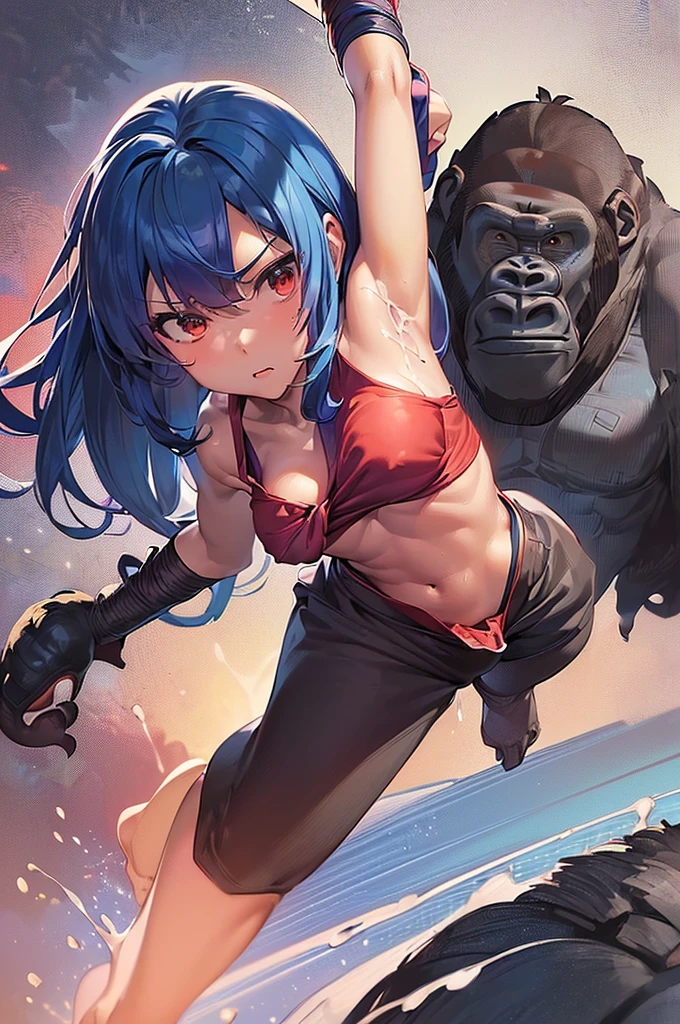 masterpiece, best quality,anime style, 1 girl,(((slender body))), (((small breast))),(((hot pants, blue tanktop,red tie))),(((((a gorilla man grabbing the girl))))), ((((restrained, arms behind back)))),((((cum)))), (beautiful face), (((long hair))), (((straight hair))), ((((blue hair)))),detailed beautiful skin, (perfect hands, perfect anatomy)