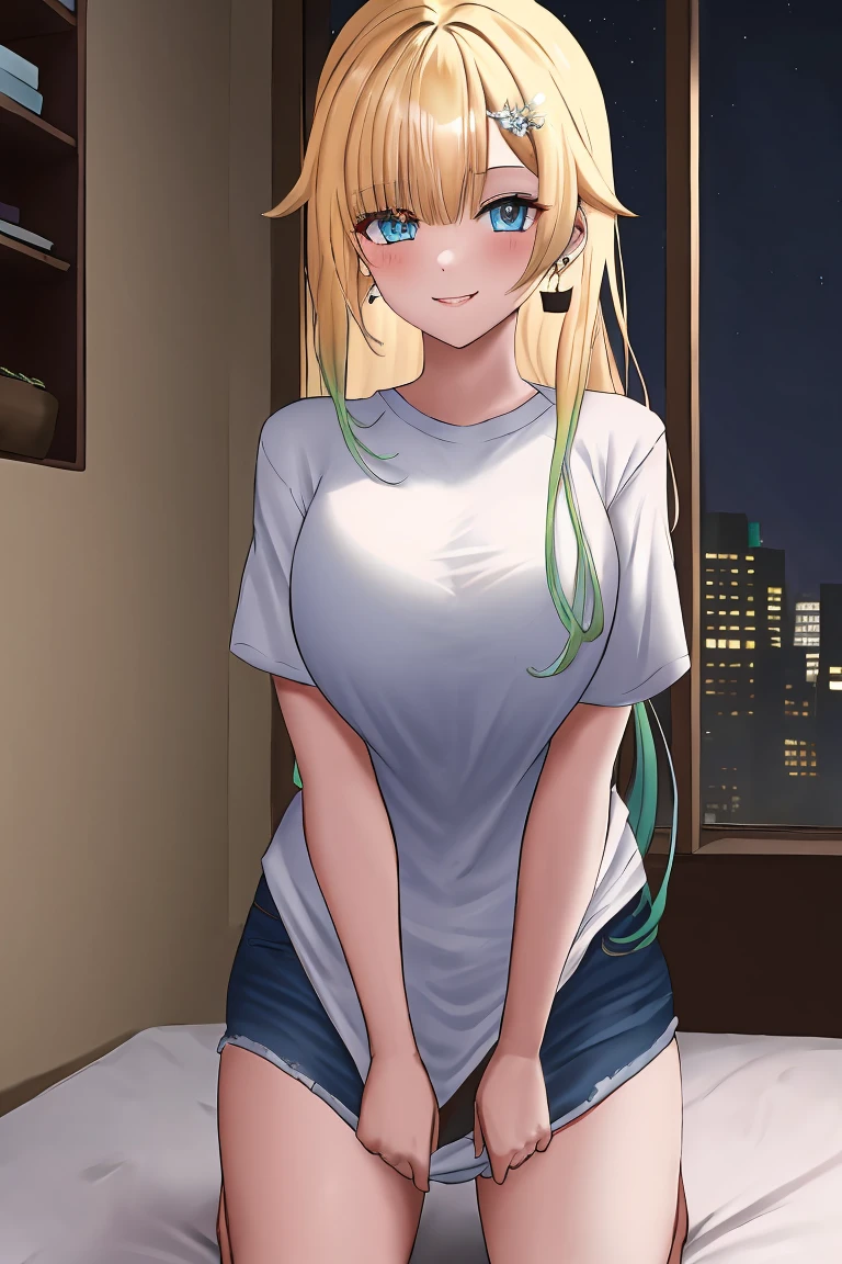 Portrait, official art, best masterpiece, best quality, best resolution, 8K, best detailed, (perfect anatomy:1.3), (looking at viewer)
BREAK
Cowboy shot, Kneeling
BREAK
aizawa ema, long hair, gradient hair, blond hair, hair ornament, earrings, blue eyes, (large breasts:1.2), solo, 1woman, (white shirt), naked shirt, shirt tug
BREAK
(blush:1.2), (shy smile)
BREAK
on the bed, (night), (Dim lighting), very detailed 16KCG wallpapers