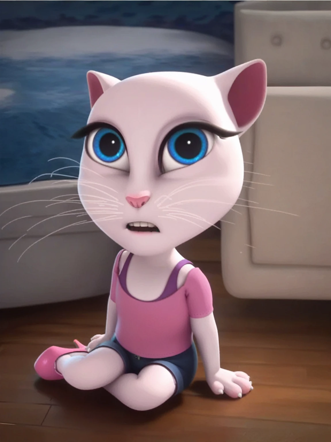 solo focus, a_la, 1girl, cat, white fur, long whiskers on both sides of face, big bright blue eyes, big black eyelashes, small pink nose, triangular ears with pink ducts, small breasts, also on the floor looking at the viewer, sitting, legs crossed occasionally raping, platform high heels, score_9, score_8_up, score_7_up