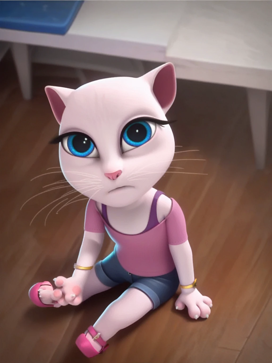 solo focus, a_la, 1girl, cat, white fur, long whiskers on both sides of face, big bright blue eyes, big black eyelashes, small pink nose, triangular ears with pink ducts, small breasts, also on the floor looking at the viewer, sitting, legs crossed occasionally raping, platform high heels, score_9, score_8_up, score_7_up