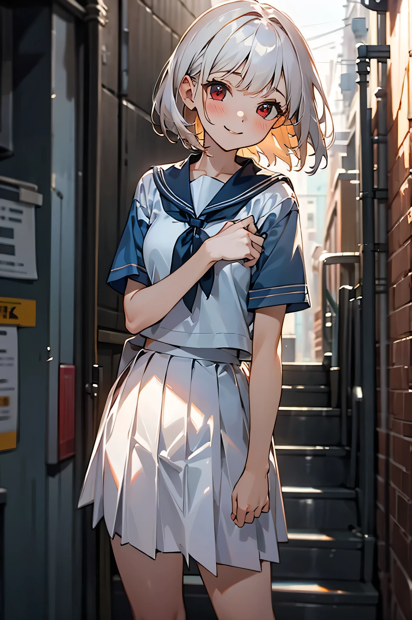 ((masterpiece,Highest quality, High resolution)), One girl, alone, Red eyes, Short white hair, smile, Sailor suit, Short sleeve, White pleated skirt, (Cute illustrations:1.2), (alley), Dramatic Light, afternoon, Bokeh effect
