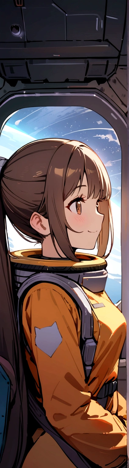 masterpiece, Highest quality, One Girl, Inside the spaceship, Spacesuit, Upper Body, From the side, sf, Brown eyes, ponytail, Brown Hair, Long hair,Cat ear, View Audience,smile