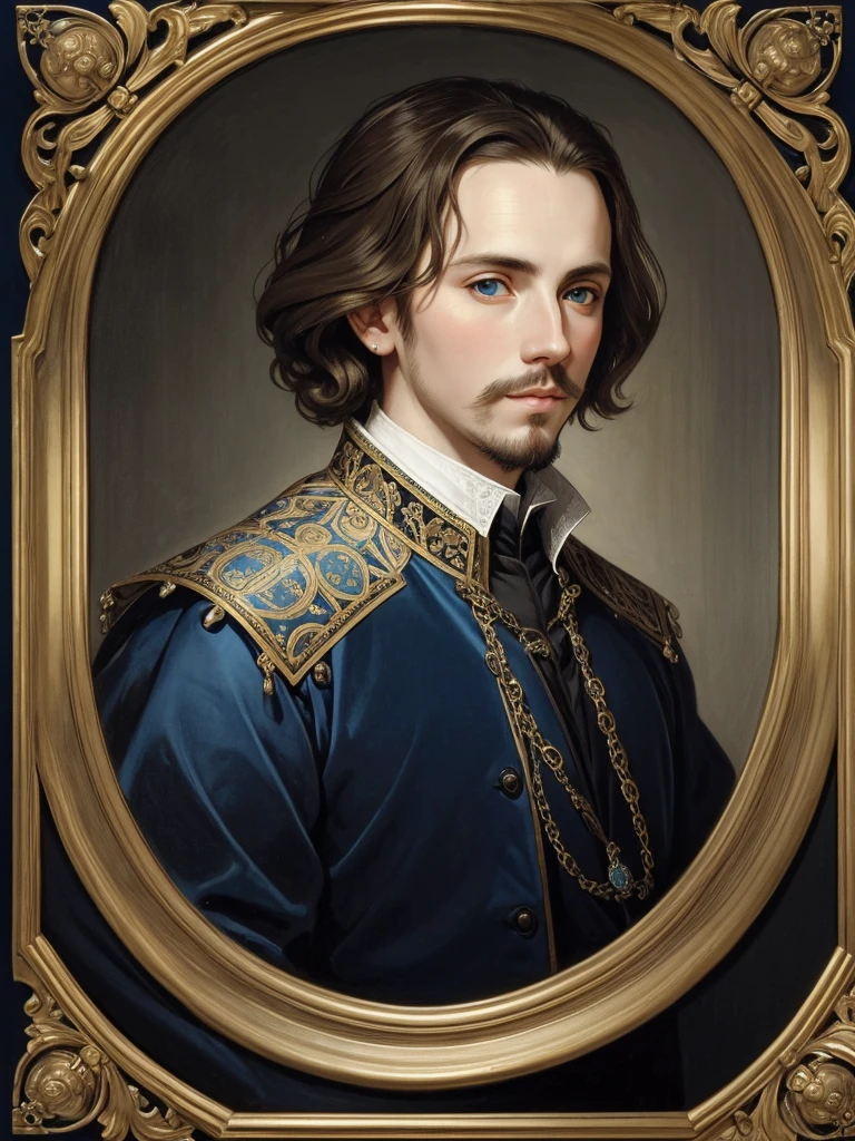 Portrait of Christopher Marlowe, white skin, piercing blue eyes, silky golden-brown hair, refined features, charp jawline, clean shaved, black Elizabethan velvet jerkin, white laced shirt, Mucha style, Mucha background, realism, high quality