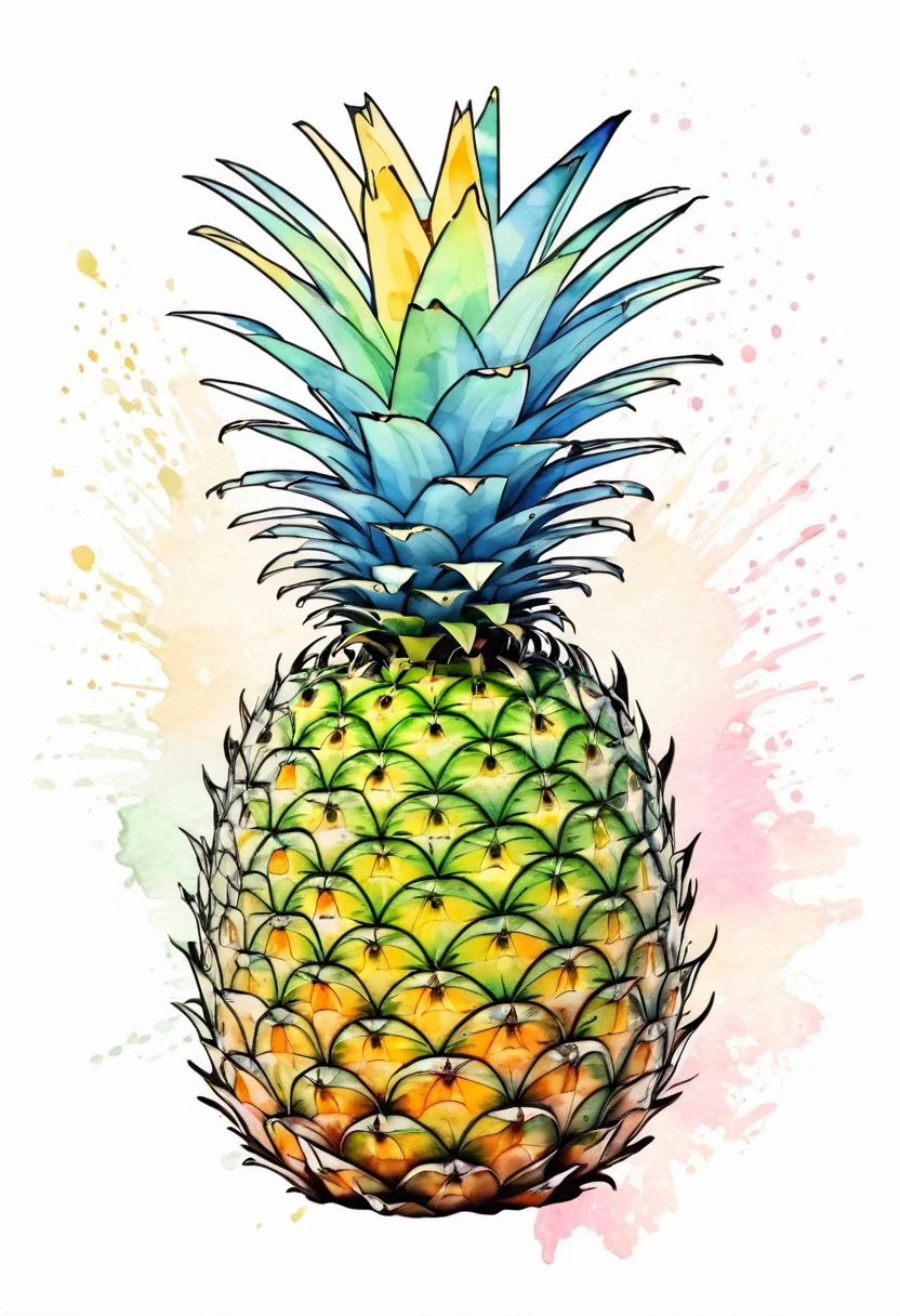 image of a pinneapple, in a whimsical watercolor painting style ,contour image,vector image