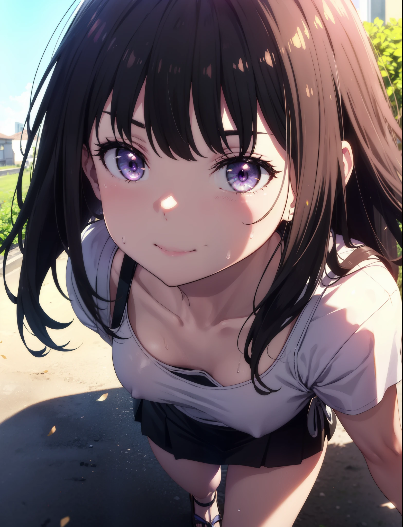 Takiuchikami, Check it out, Long Hair, bangs, Black Hair, (Purple eyes:1.2),happy smile, smile, Close your mouth,Sweat,White Tank Top,mini skirt, Cute Sandals,Walking,Daytime,Clear skies,whole bodyがイラストに入るように,
break outdoors, countryside,
break looking at viewer, whole body,
break (masterpiece:1.2), Highest quality, High resolution, unity 8k wallpaper, (figure:0.8), (Beautiful attention to detail:1.6), Highly detailed face, Perfect lighting, Highly detailed CG, (Perfect hands, Perfect Anatomy),