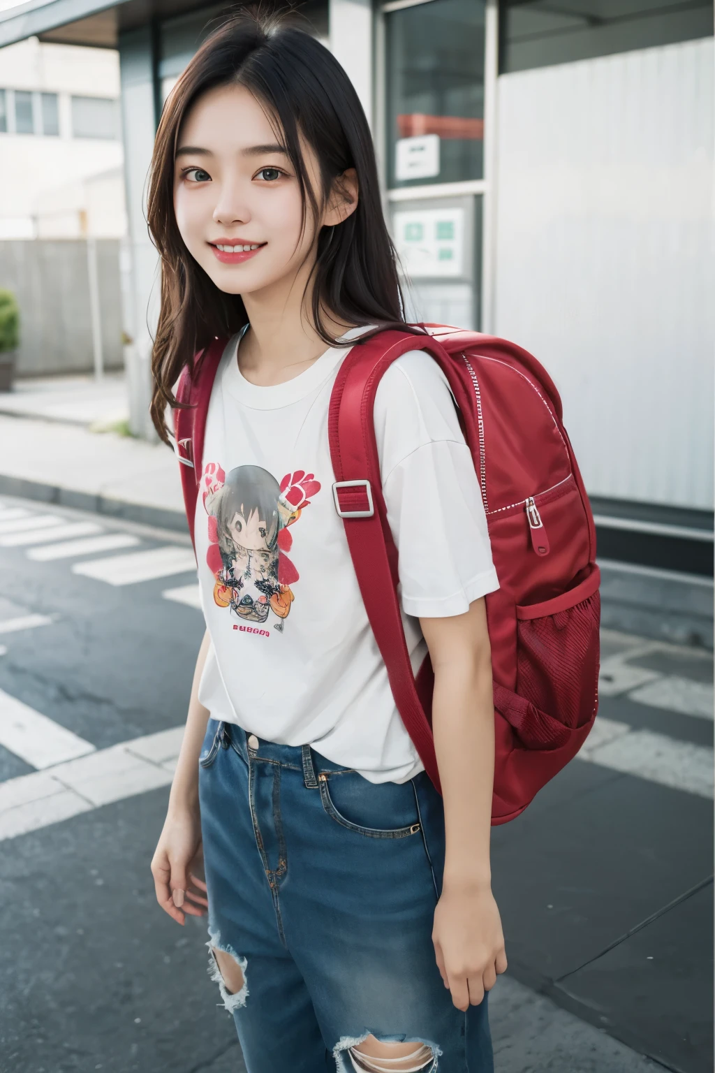 (masterpiece, best quality:1.0), a close up of a girl, with a backpack on a street, wearing strawberry backpack, with a backpack, portrait of a japanese teen, anime style mixed with fujifilm, young asian girl, backpack, young and cute girl, high quality portrait, style anime, she is wearing streetwear, smiling, ulzzang, korean girl, japanic style