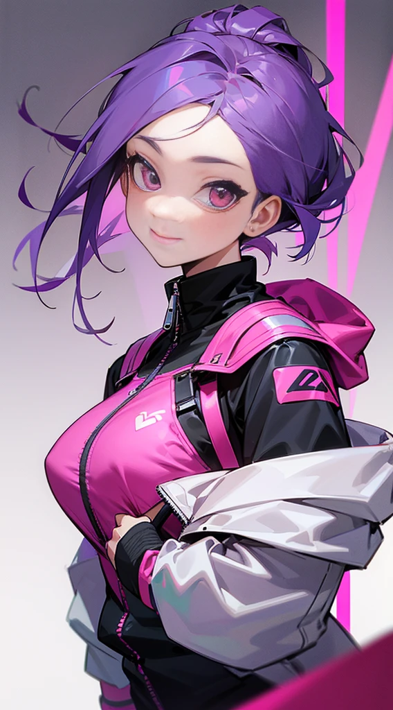 Top Quality, 8K, 4K, High Definition, Detail, (better-quality, 8K, 12), top-quality, 1 girl、only showing her face, she has purple hair, wearing a yellow pin in her right side of her hair, she has her hands together, she looking at you, she is smiling at you, medium breast, her jacket color gray and pink zipper, pink eyes, showing her face and chesat,