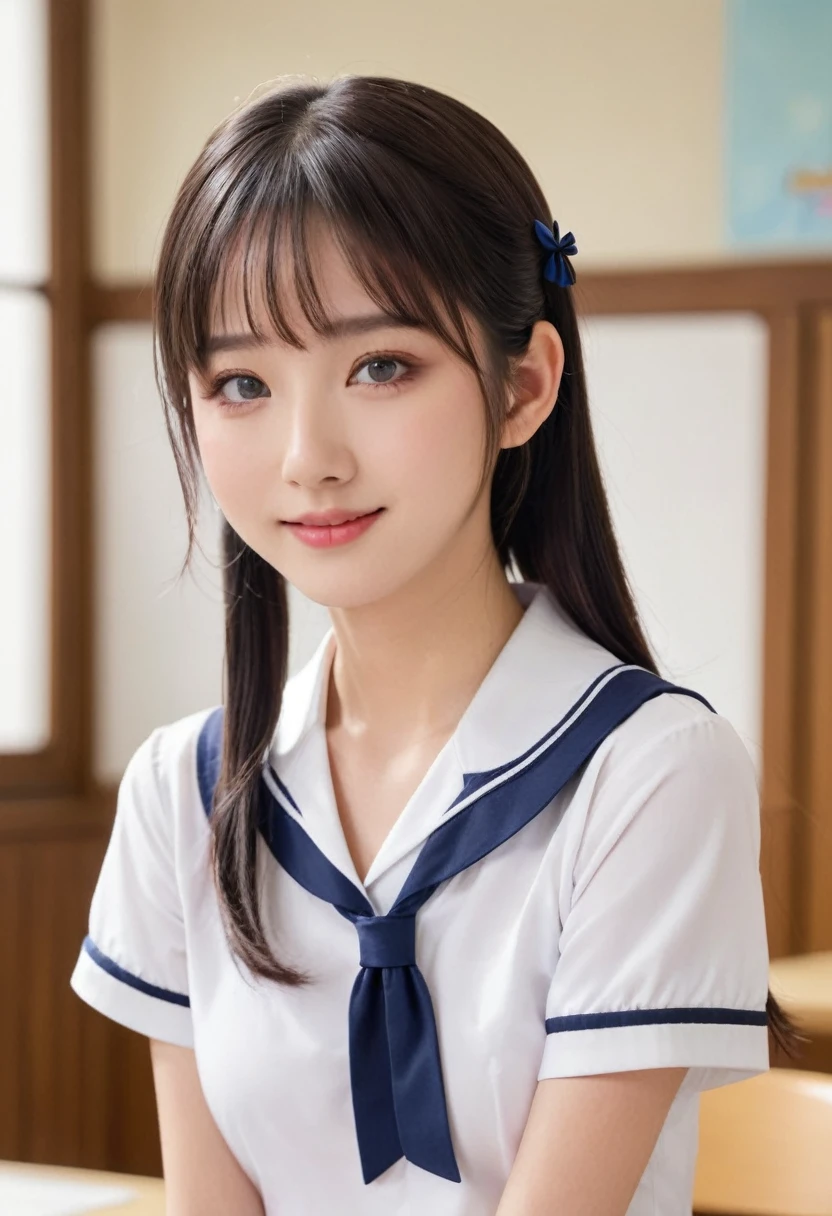 (masterpiece, best quality:1.2), 8k, official art, raw photo, incredibly absurdres, (sailor uniform, serafuku:1.0), 15 years old,highschool student,beautiful girl, pretty face, , short sleeve, violaceaess, (short twintails:1.3),teen, classroom, looking at viewer, no makeup,  detailed eyes and face, ,(cowboyshot:1.3),(small brests:1.2),(skinny:1.2),(smile:1.2),(school swimsuit:1.3),(fullnude:1.0),(show pussy:1.0),(bottomless:1.0),