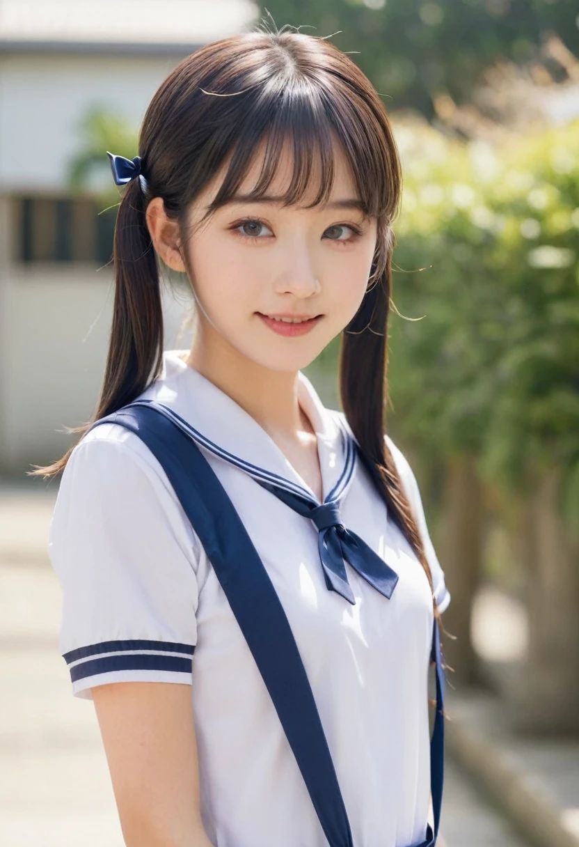 (masterpiece, best quality:1.2), 8k, official art, raw photo, incredibly absurdres, (sailor uniform, serafuku:1.0), ,highschool student,beautiful girl, pretty face, , short sleeve, violaceaess, (short twintails:1.3),teen, classr looking at viewer, no makeup, detailed eyes and face, ,(cowboyshot:1.3),(small brests:1.2),(skinny:1.2),(smile:1.2),(school swimsuit:1.3),(fullnude:1.0),(show pussy:1.0),(bottomless:1.0),