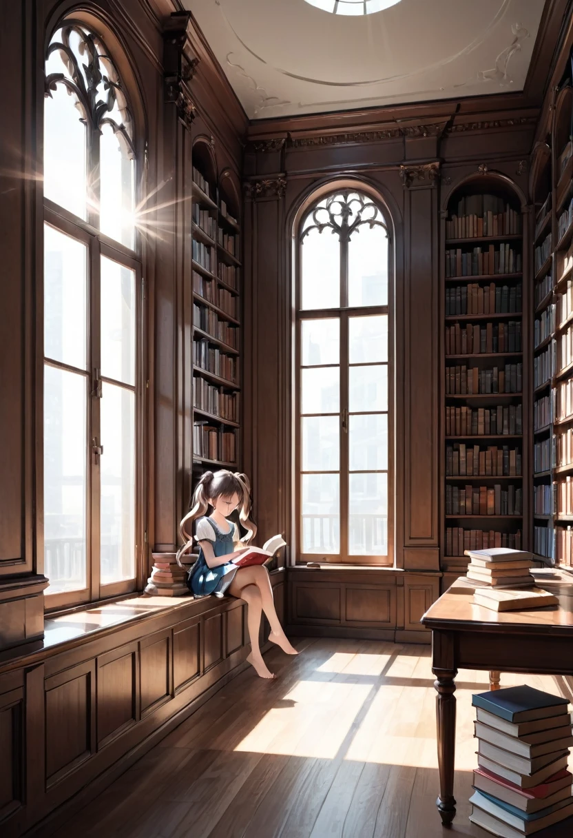 (girl, Twin Tails), A girl sat by the window of the library, her ponytails gently hanging over her shoulders. She was focused on reading the books in her hand, and the sunlight shone through the window on her side face. The background was full of books, full body, (Photography, Raw photo), panoramic view, award-winning, cinematic still, emotional, vignette, dynamic, vivid, (masterpiece, best quality, Professional, perfect composition, very aesthetic, absurdres, ultra-detailed, intricate details:1.3)