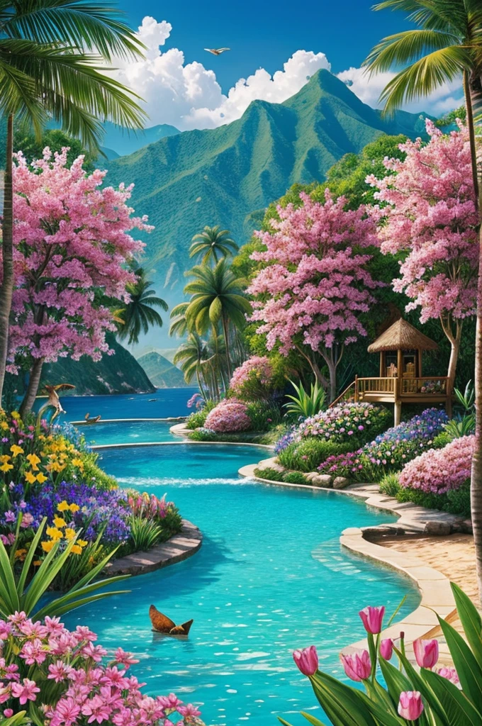 Paradise with many flowers and animals