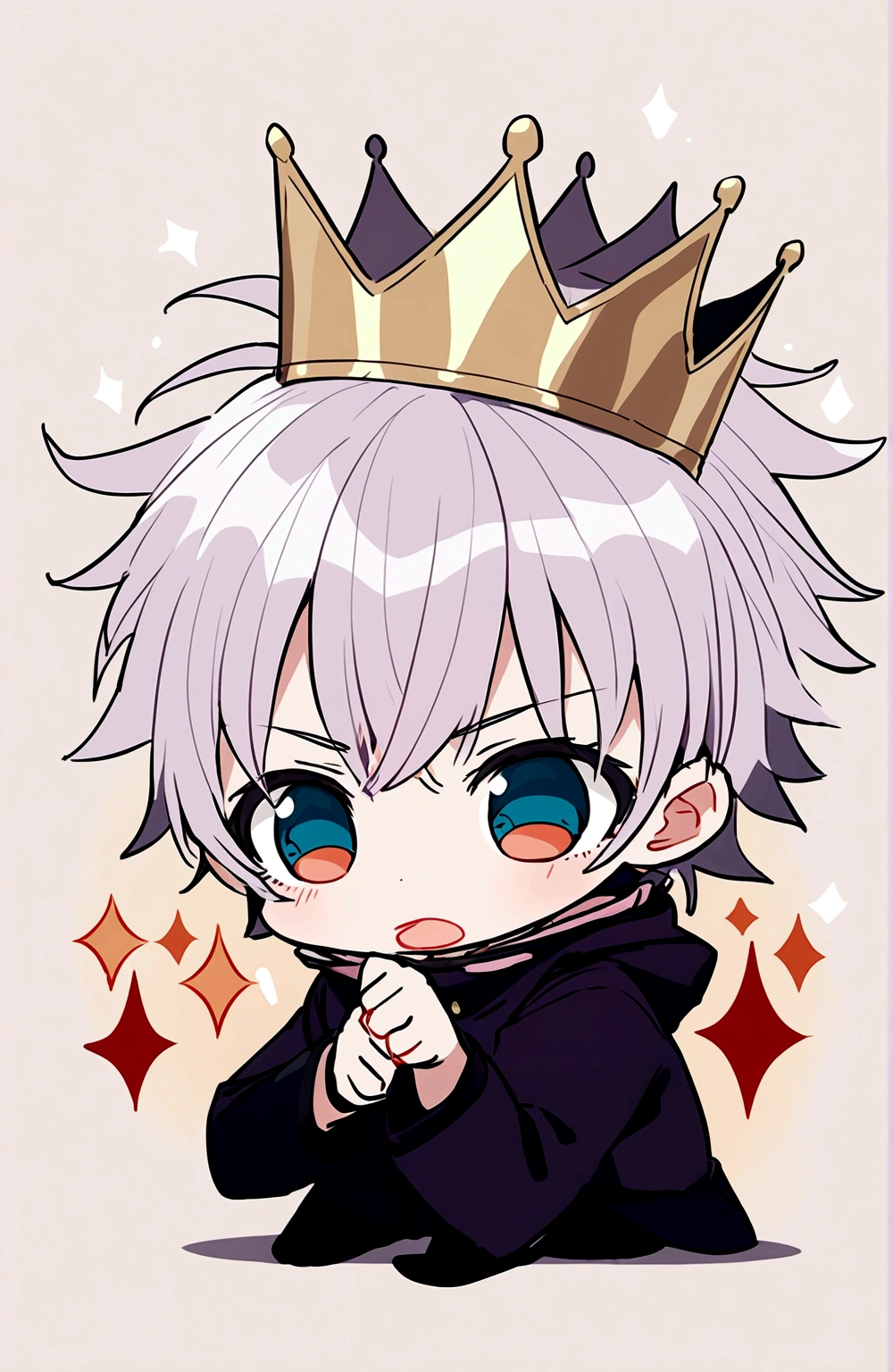 Make Gojo Satoru in a questioning pose, keep his crown. Replace the diamonds in the background with question marks