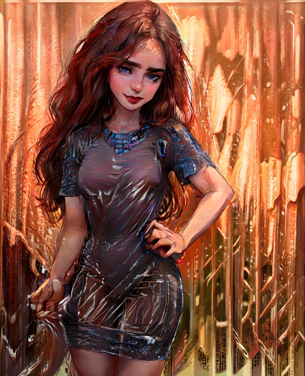 a beautiful young woman with long brown hair, (best quality,4k,8k,highres,masterpiece:1.2),ultra-detailed,(realistic,photorealistic,photo-realistic:1.37),gorgeous face with striking features,piercing blue eyes,full red lips,slender figure in a tight-fitting dress,posing gracefully,dramatic lighting,dramatic colors,moody and sensual atmosphere,fashion photography style