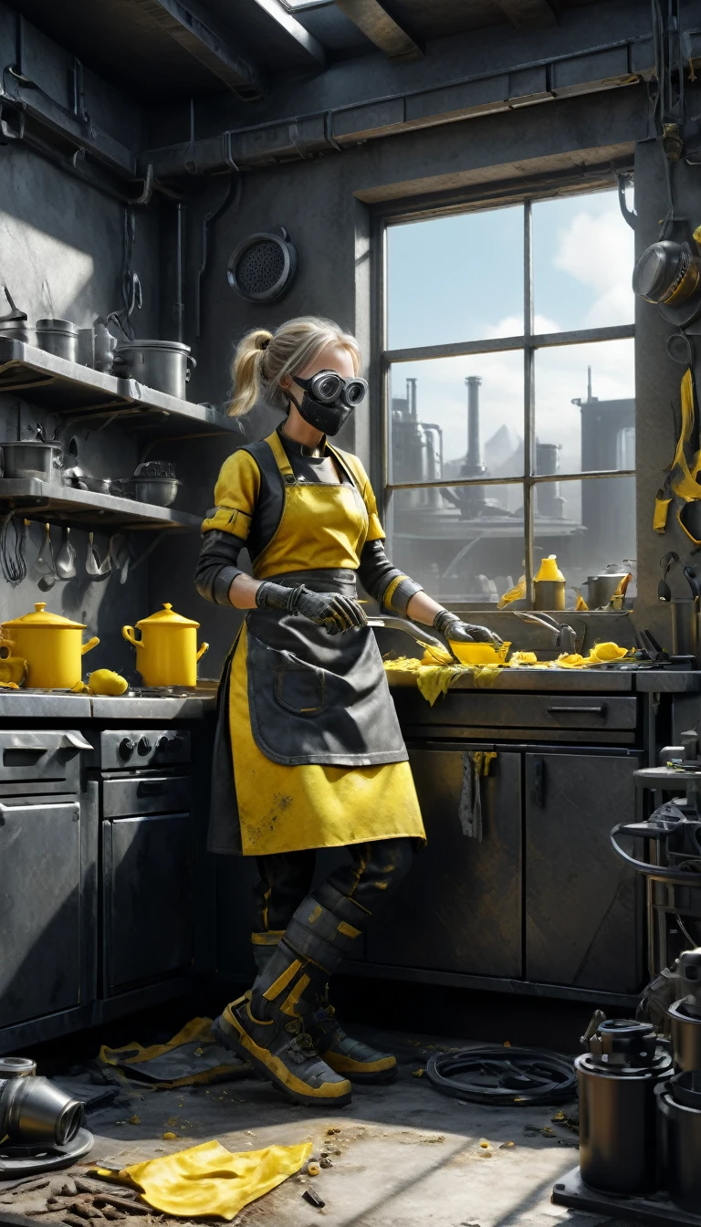 , ドンMR3mn4ntsXL ,              black & yellow, industrial use, Rugged, modular,           A detailed depiction of a mother preparing a meal in the kitchen, Window Sunny day, Happy, smile,
