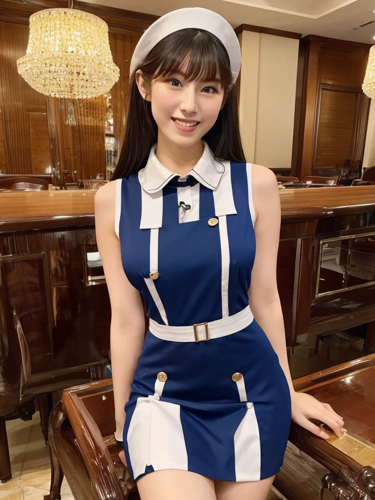 Highest quality、masterpiece、8K、Very detailed、Realistic、One person、Looking at me with a smile、whole body、Big Breasts、Erect nipples、Thin and beautiful legs、Tight and slim waist、A tight-fitting, sleeveless waitress uniform with buttons and a collar