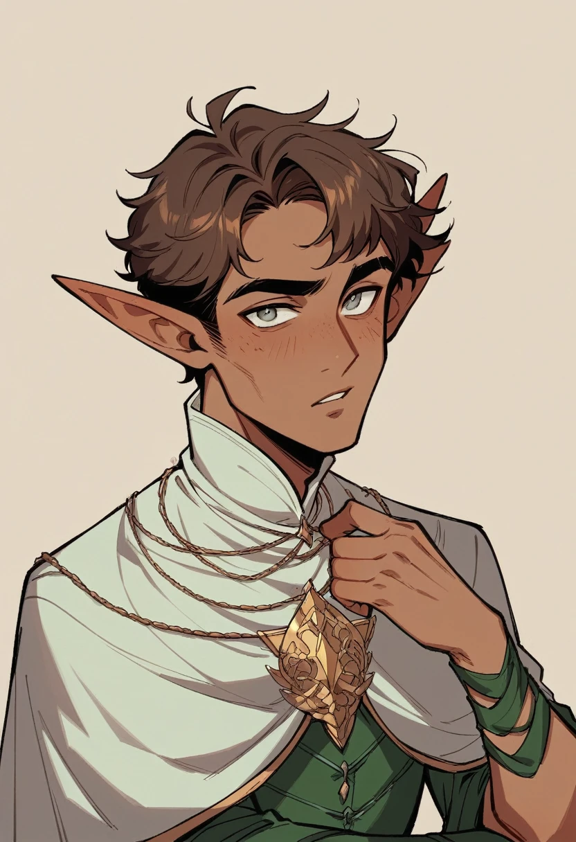 A 16-year-old male elf with an ectomorphic build, olive skinned, and short brown hair with a simple style. Your diamond-shaped face is stunning, with round gray eyes that contain a hint of mischief. Thin lips give your features a delicate touch, while your narrow eyebrows, straight and sharp, highlight your enthusiasm, perceptive look. A small Greek nose matches perfectly with its refined, elegant appearance. Clothing of an adventurous medieval fantasy traveler