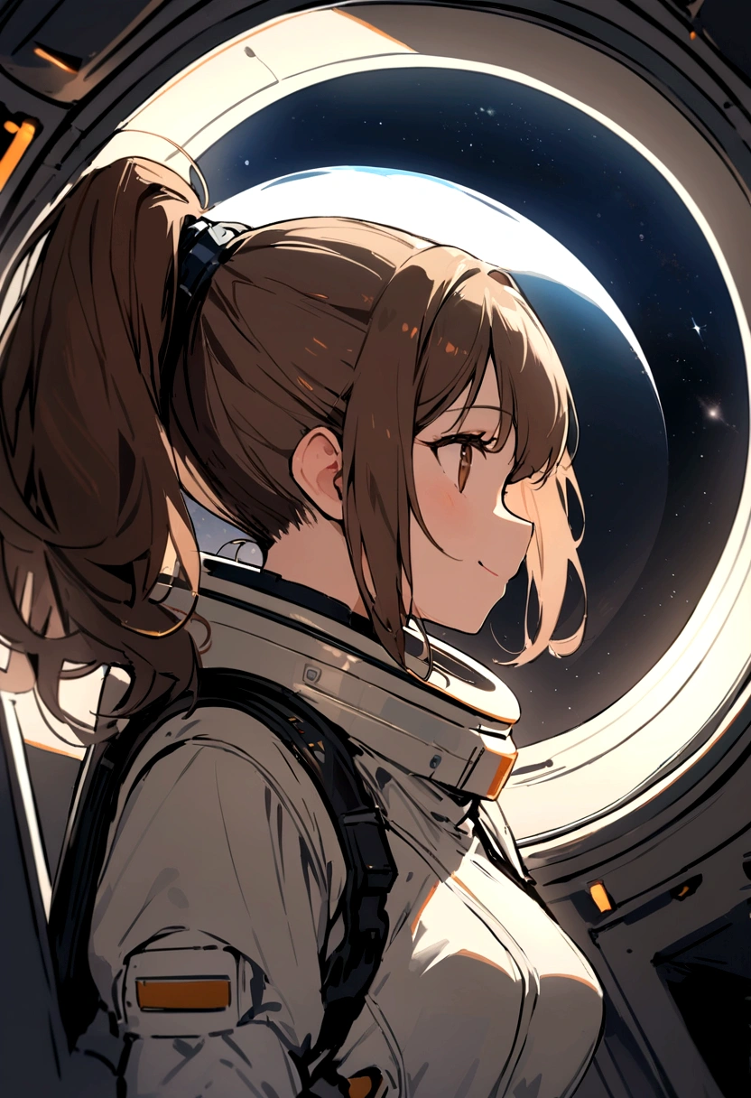masterpiece, Highest quality, One Girl, Inside the spaceship, Spacesuit, Upper Body, From the side, sf, Brown eyes, ponytail, Brown Hair, Cat ear, View Audience,smile