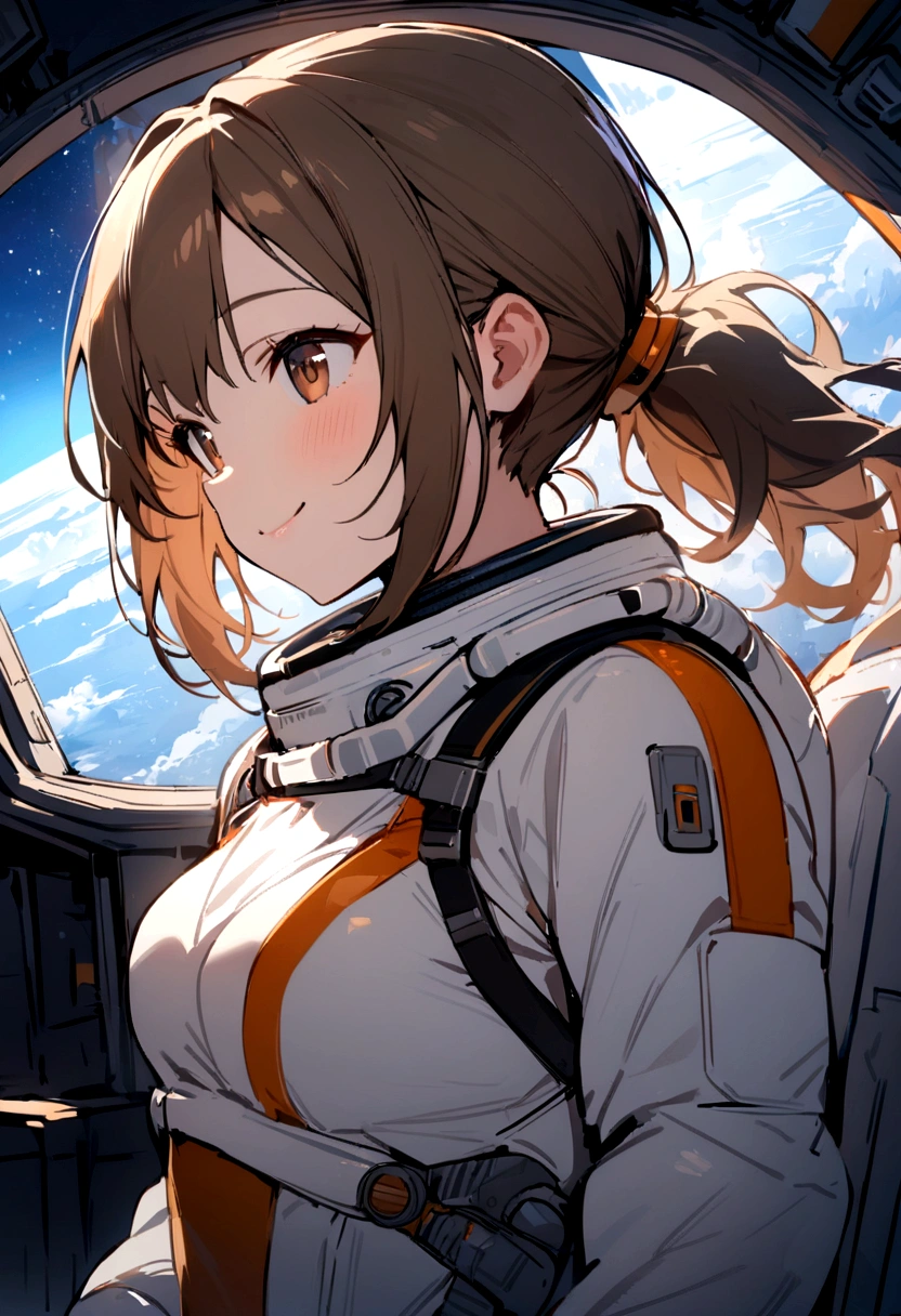 masterpiece, Highest quality, One Girl, Inside the spaceship, Spacesuit, Upper Body, From the side, sf, Brown eyes, ponytail, Brown Hair, Cat ear, View Audience,smile