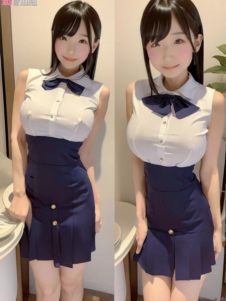 Highest quality、masterpiece、8K、Very detailed、Realistic、One person、Looking at me with a smile、whole body、Big Breasts、Erect nipples、Thin and beautiful legs、Tight and slim waist、A tight-fitting, sleeveless waitress uniform with buttons and a collar