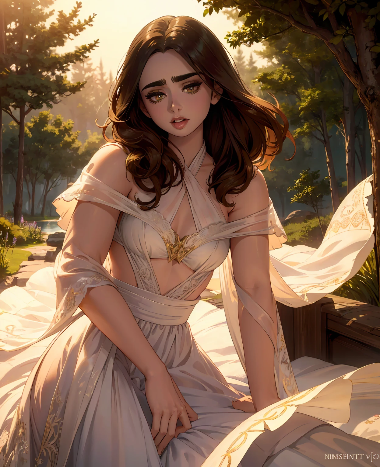 a beautiful woman, Lily Collins, detailed eyes, long eyelashes, beautiful lips, flawless skin, elegant expression, flowing brown hair, sensual pose, delicate jewelry, golden hour lighting, cinematic camera angle, ethereal atmosphere, cinematic lighting, elegant dress, fantasy forest background, dreamlike quality, soft focus, photorealistic, masterpiece, 8k, high quality, vibrant colors, dramatic lighting