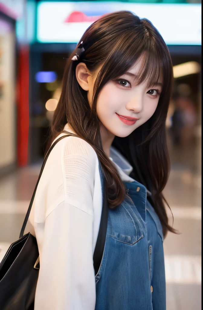 (masterpiece:1.2,Highest quality),Blur the background,1 female college student,((Cute casual clothes)),((Gravure pose)),Wavy Hair,((Beautiful Eyes)),Blushed,Healthy Skin,(smile),(Shinjuku Date),8K resolution