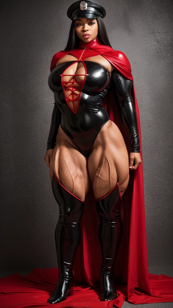 Light skinned black woman, big muscles, wearing red and black catsuit, police cap and red cape, (((full body shots)))
