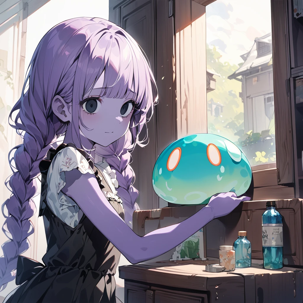 masterpiece, ultra detailed, 8K, full body shot,, a girl, kawaii, light atmosphere, (Cute a Slime girl:1.5), (a girl who turned into a slime, pale purple hair, wavy two braids, blunt bangs hair, green and black eyes empty eyes, purple skin, yandere, portrait:1.4), anime visual, (tilt head:1.3), extremely delicate face, realistic lighting and shading, (an extremely delicate and beautiful art:1.3),Watercolor painting, a girl, Slender girl with small breasts, Black maid dress, expressionless, eyes unfocused, large tears spilling from the eyes,A girl opens the fridge, sits inside and smiles,