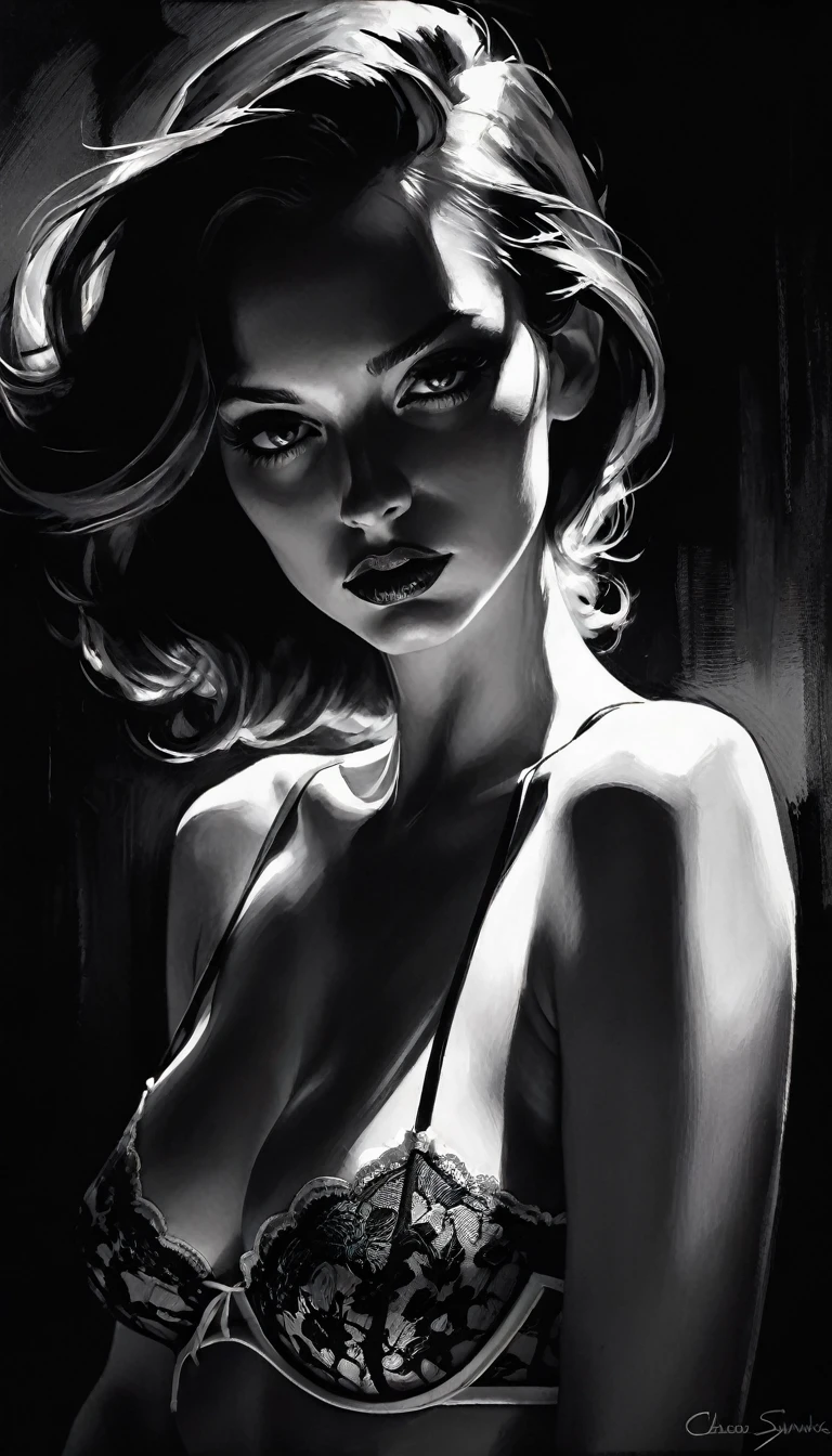 sm, sexy, bk and white image, between shadows, elegant lingerie, oil painting, dramatic lighting, dramatic contrast, chiaroscuro, detailed face, sensual expression, elegant pose, female figure, mysterious, moody, cinematic, dark romantic, Bill Sienkiewicz inspired, dark atmosphere, powerful composition, dramatic shadows, high quality, photorealistic, masterpiece