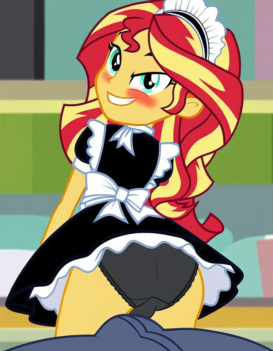 upskirt, duo focus, equestria girls, blushing, sunset shimmer, bra, underwear, grin, evil smile, erection, smiling, butt, clothes, maid, black panties, underwear, sunbutt, show accurate, vector, male pov, tenting, crotch big bulge, big erection in pants, offscreen male character