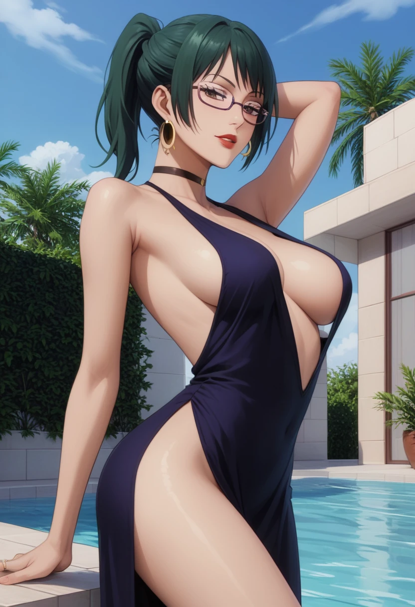 score_9_up, score_8_up, score_7_up, 1girl, solo, mature female, Maki, green ponytail hair, yellow eyes, glasses, red lips, parted lips, fit slim body, perfect medium erected breast,(((highly detailed eyes))), (((dark blue evening dress with plunging neckline, golden earrings, golden rings, black choker with shining rhinestones))), (((white modern villa with panoramic windows, pool, sunset))), outdoors, looking at the viewer, perfect model body, seductive pose, showing her ass, (((from behind)))
