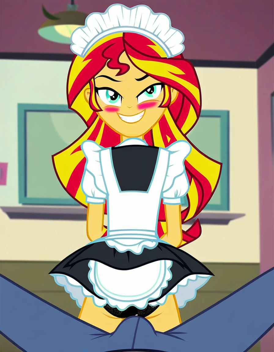 upskirt, duo focus, equestria girls, blushing, sunset shimmer, bra, underwear, grin, evil smile, erection, smiling, butt, clothes, maid, black panties, underwear, sunbutt, show accurate, vector, male pov, tenting, crotch big bulge, big erection in pants, offscreen male character