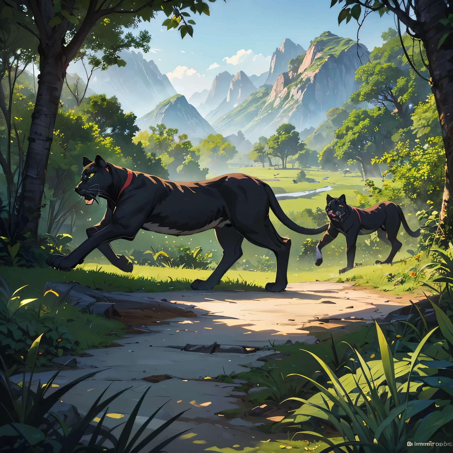 Jungle landscape with minimal fog, 3 detailed panthers in the background searching for a meal, very detailed, visible panther faces, bright colors, mountain range in background, trees with jungle fruit