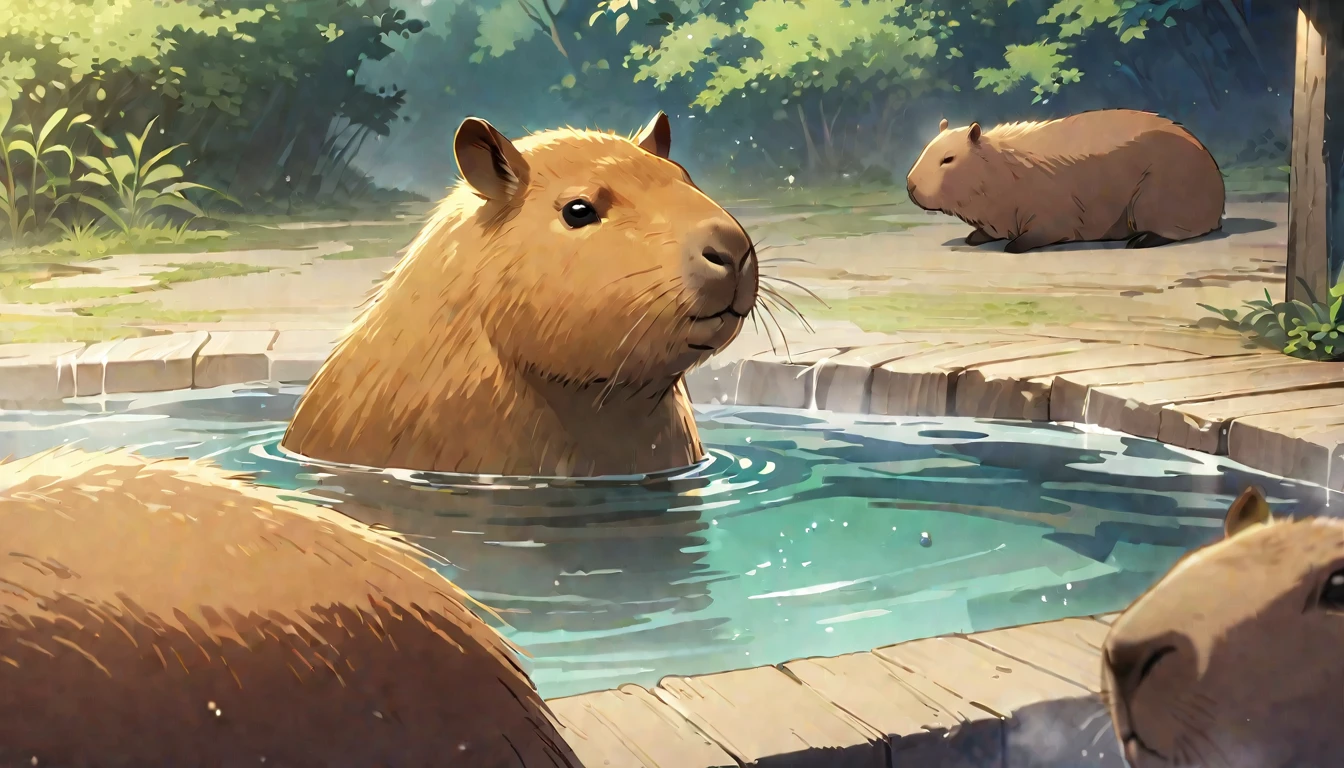 solo, , no humans, , animal,capybara,animal focus, masterpiece, top quality,cute,detailed description,An illustration,anime,natural scenery,Soak in a hot spring