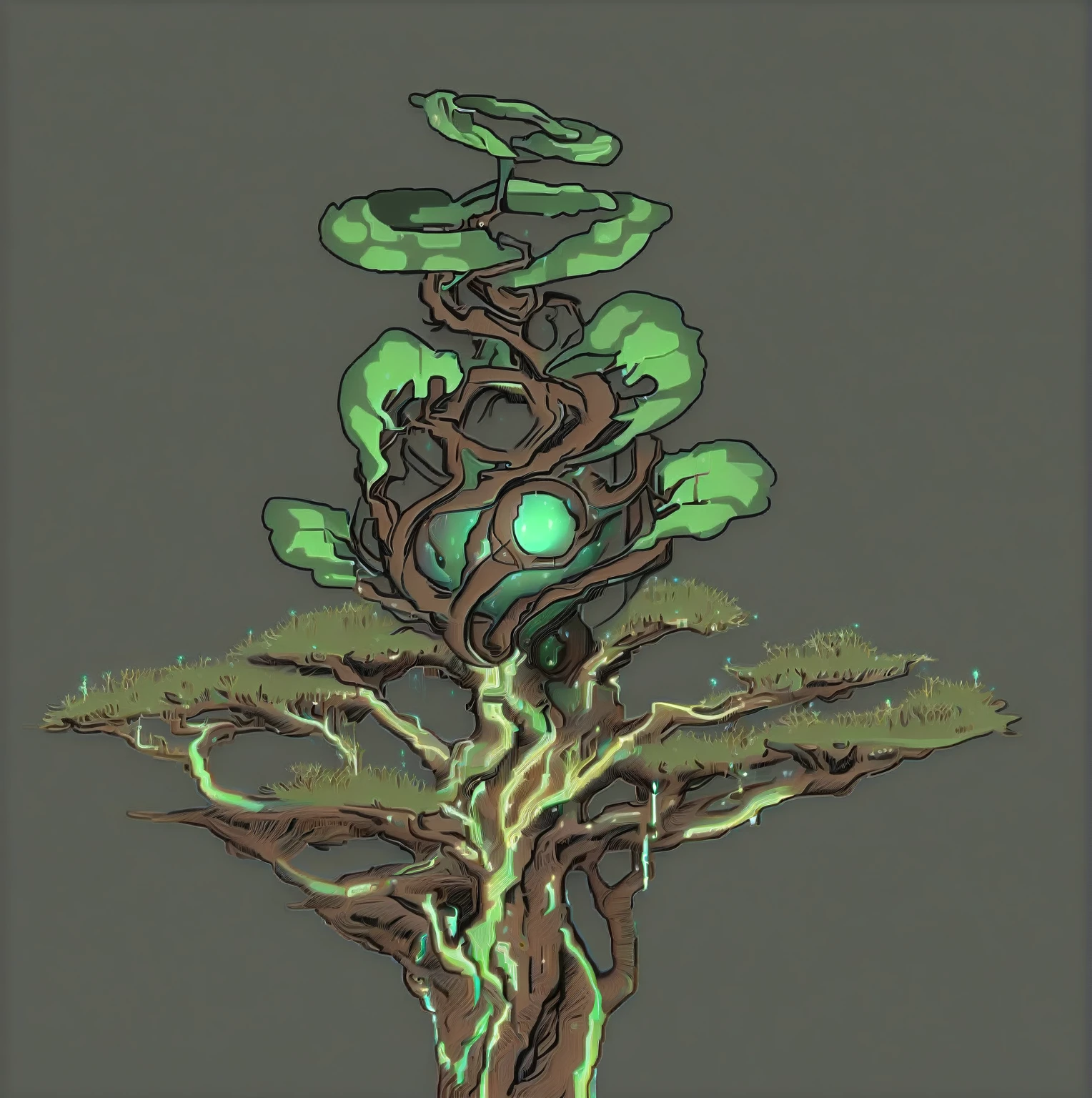 there is a drawing of a tree with a green ball on it, ent treant dryad, game asset of plant and tree, treant, finished concept art, painted as a game concept art, fantasy tree, tree druid, stylized vegetation, stylized concept art, fantasy magical vegetation, torchlight. sketch art. roots, alien plant, weird alien trees