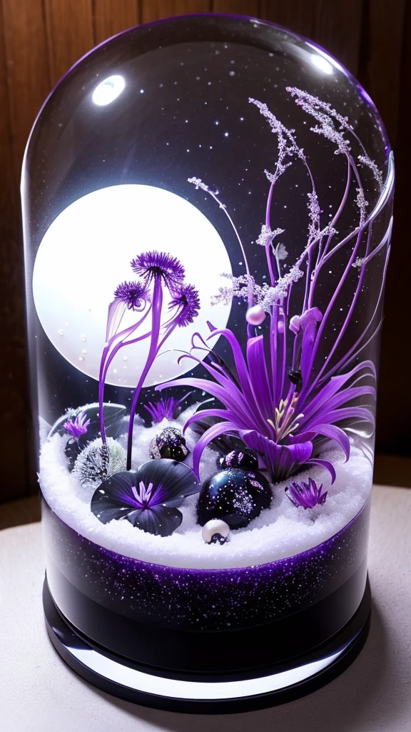 Fantastic image、A thick ᖴ letter made of spider lilies in a snow globe 、The crescent moon and the stars are sparkling、Jellyfish, hearts, bubbles and pearls、Black and purple gradient