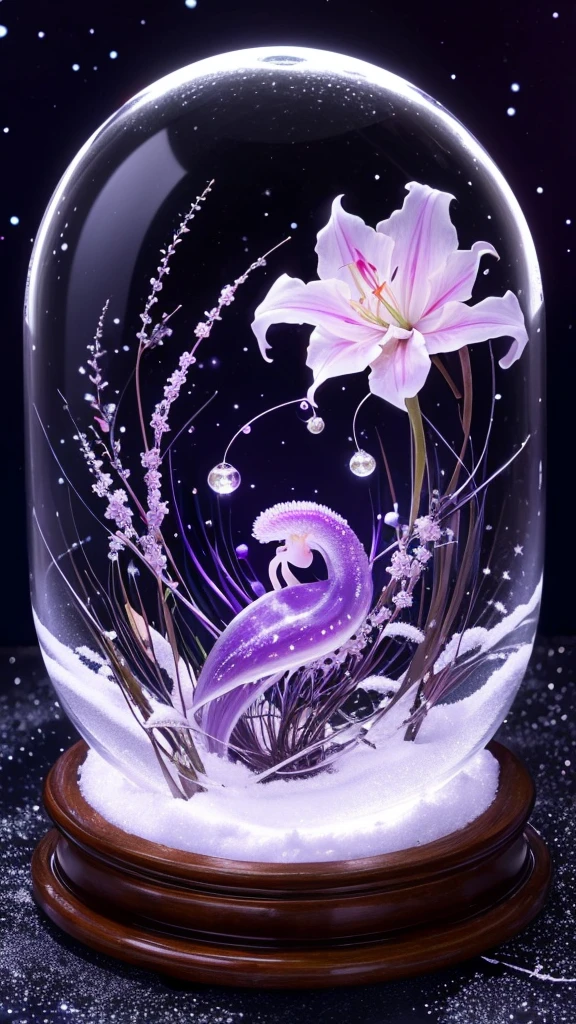 Fantastic image、A thick ᖴ letter made of spider lilies in a snow globe 、The crescent moon and the stars are sparkling、Jellyfish, hearts, bubbles and pearls、Black and purple gradient
