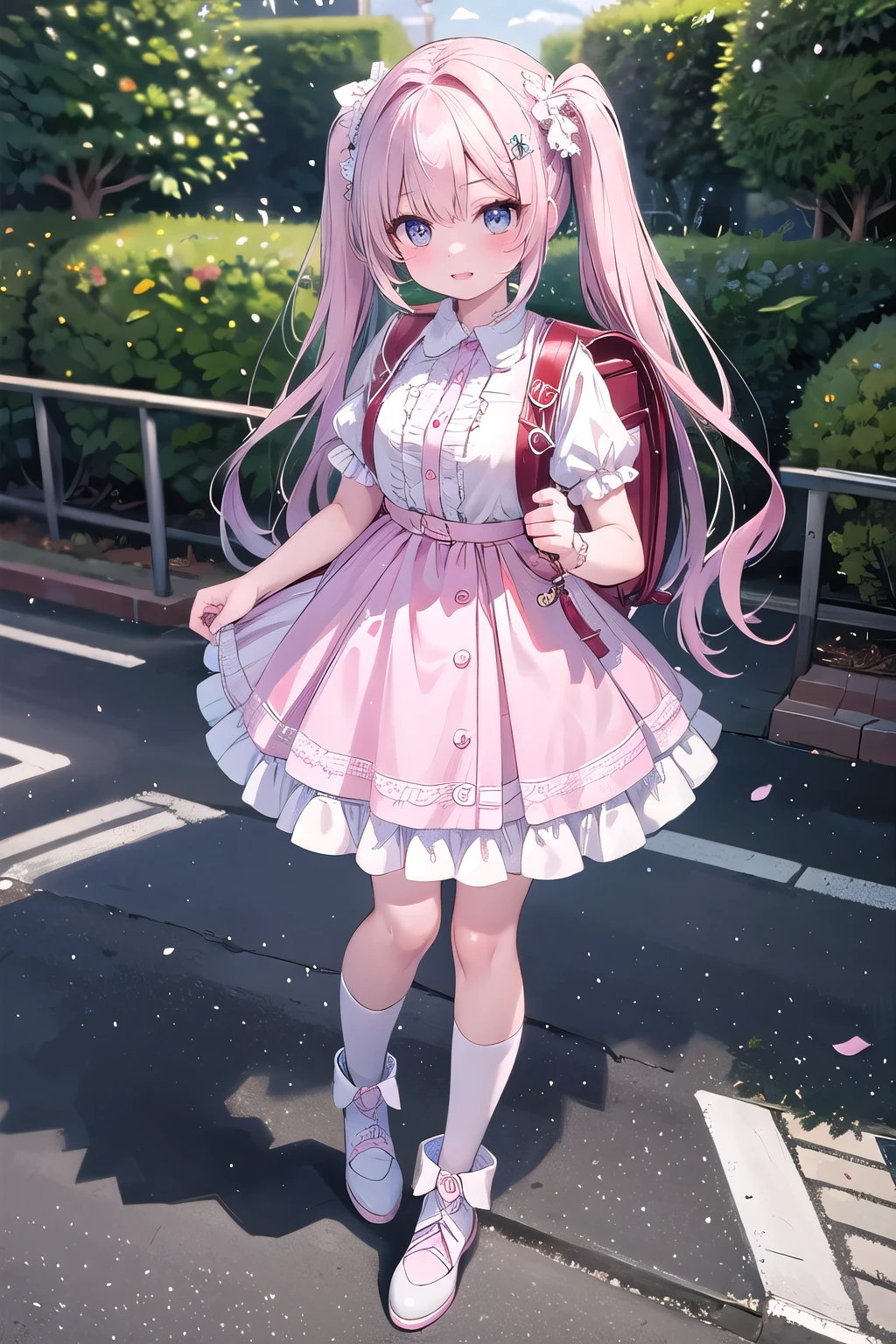 (highest quality、masterpiece、8K、best image quality、hyper realism、Award-winning work)、(solo:1.1)、(1 photo:1.1)、(Feminine and girly cute light pink frilly lolita dress:1.2)、(Perfect straight twin tails:1.2)、(low length:1.1)、(Height: 160cm:1.1)、small breasts、emphasize body line、slender body、Standing gracefull、Full body photo of a woman standing gracefully、accurate anatomy、perfect makeup、long eyelashes、glossy lips、Ultra high definition glossy skin、(Ultra-high definition bright and beautiful skin:1.1)、Ultra-high definition glossy lips、full body, wear white stocking, white heeled boots, Super high definition beautiful teeth, wearing randoseru backpack, ( backpack:1.2), Lolita dress, cute dress, outdoor, standing,