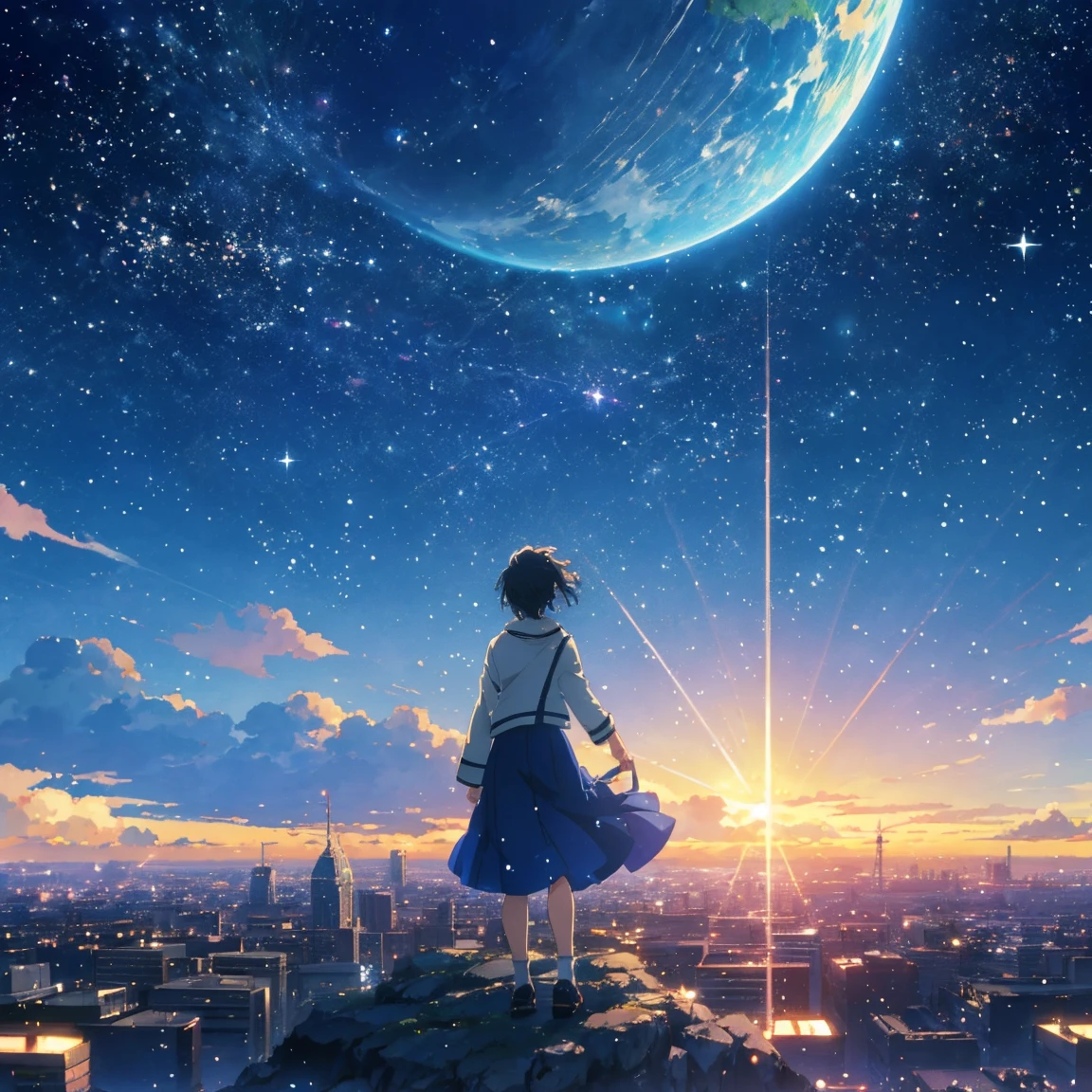 anime - style scene of a beautiful sky with a star and a planet, cosmic skies. by makoto shinkai, anime art wallpaper 4k, anime art wallpaper 4 k, anime art wallpaper 8 k, anime wallpaper 4k, anime wallpaper 4 k, 4k anime wallpaper, anime sky, amazing wallpaper, anime background, heaven planet in background, anime background art no humans landscape