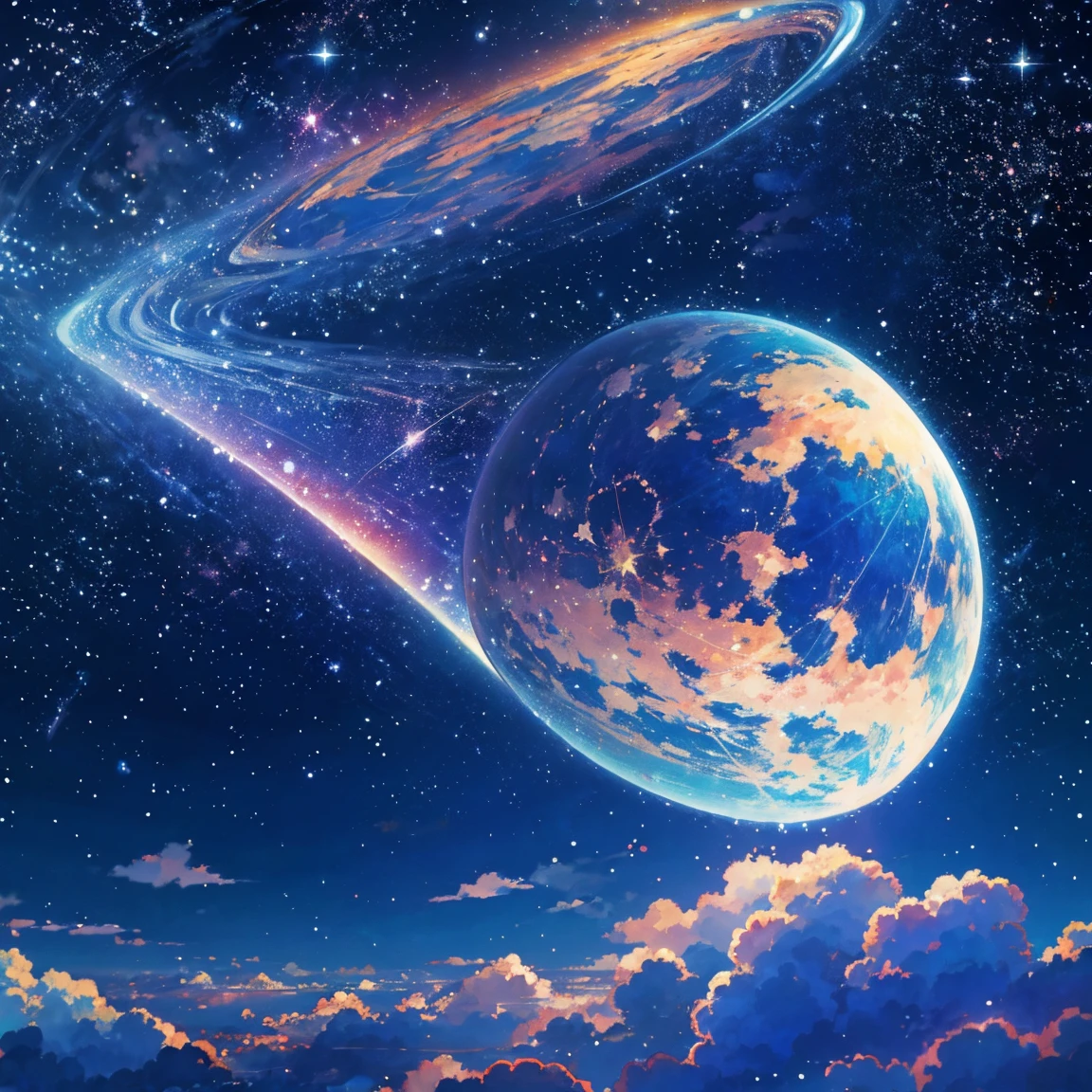 anime - style scene of a beautiful sky with a star and a planet, cosmic skies. by makoto shinkai, anime art wallpaper 4k, anime art wallpaper 4 k, anime art wallpaper 8 k, anime wallpaper 4k, anime wallpaper 4 k, 4k anime wallpaper, anime sky, amazing wallpaper, anime background, heaven planet in background, anime background art no humans landscape