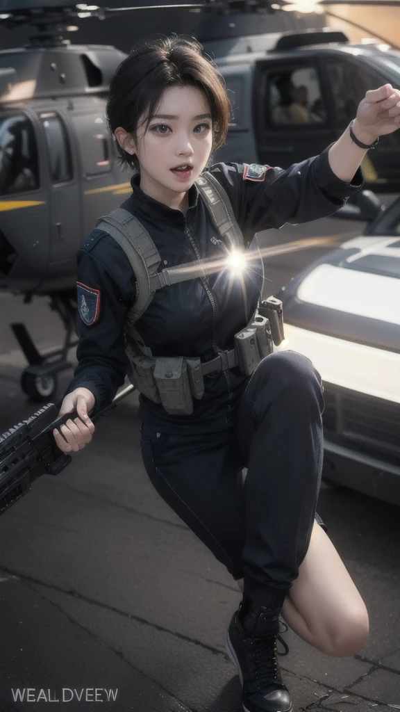{{Masterpiece、best quality、Very detailed CG、16 ก、film light、lens flare}}、blurred background、(One man soldier aimsing a huge rifle)、Day 24、Bold、Clean, white teeth、realistic:1.4、black short hair 、blue eyeany weaponilitary helicopter:1.6))、special forces、war、Shinjuku at night、from above view、aims、aims、Knee shot、Wide viewing angle、Fight zombies
