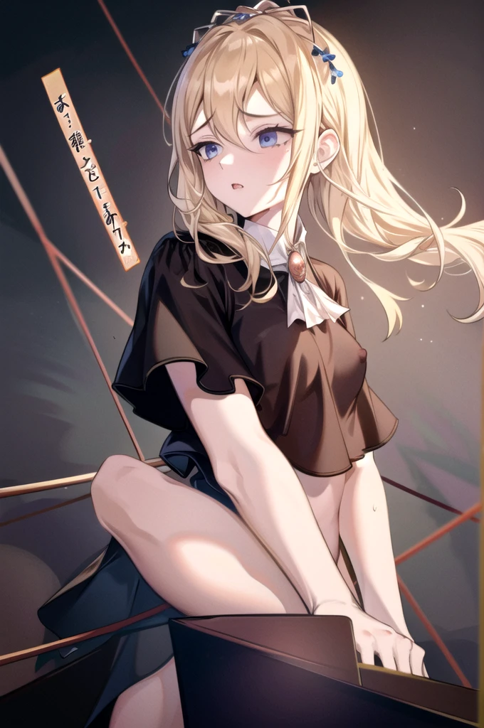 Black Gal、(Tanned Skin 1.8)、blush、(8k, RAW Photos, highest quality, masterpiece:1.2), (Highly detailed 8k wallpaper),figure、Professional Lighting,Sharp focus, Depth of written boundary、 Browsing Caution、Clear Eyes、Perfect Anatomy、Huge boobs、Blonde、15-year-old student、(compensate:1.1)Sailor suit、Emphasizing the panty line、Fully exposed、White panties、Spread your legs(Leg spread:1.5)、Below-the-knee loose socks、
