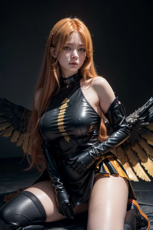 (ultra realistic,32k, work of art:1.2),(highly detailed skin:1.1),( high qualiy:1.1),
Dark Bloom,hana, hair orange, pretty long hair, yellow eyes, booties, Black Skirt, mitts, black jersey, wings, Glossy clothing, thicc thighs, Stormcaster's Haven, thunder storms, sea ships, Storm Conjurers' Refuge, nblurry background,, (Huge breasted,large breasted:1.1),fighting stance posture(neon pastel light:1.1),