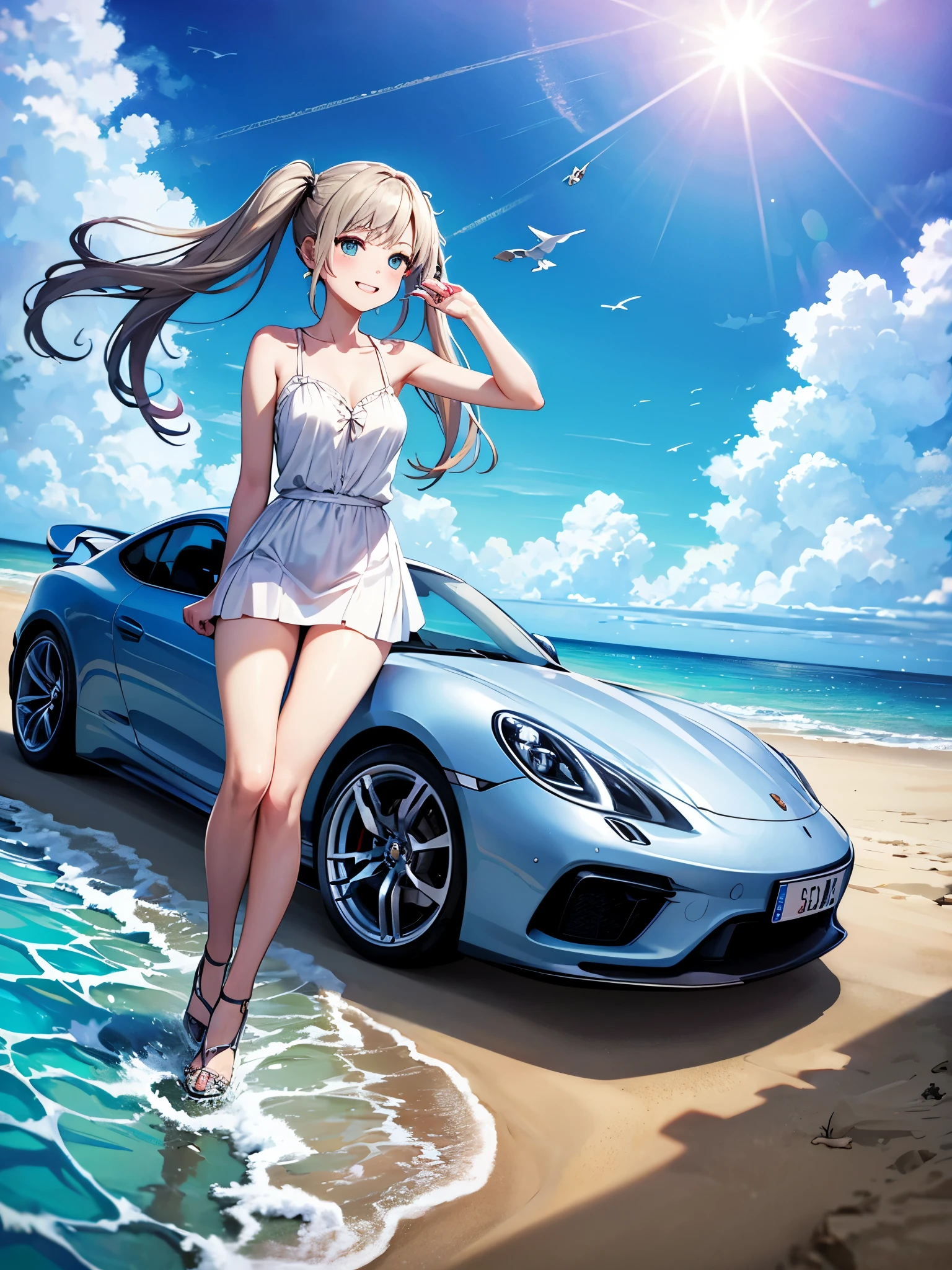 Driving a white Porsche along the beach、Blue long hair、Beautiful girl with twin tails、Splash art of water flying up、blue sky、White cloud、Bright smile、Seaside scenery