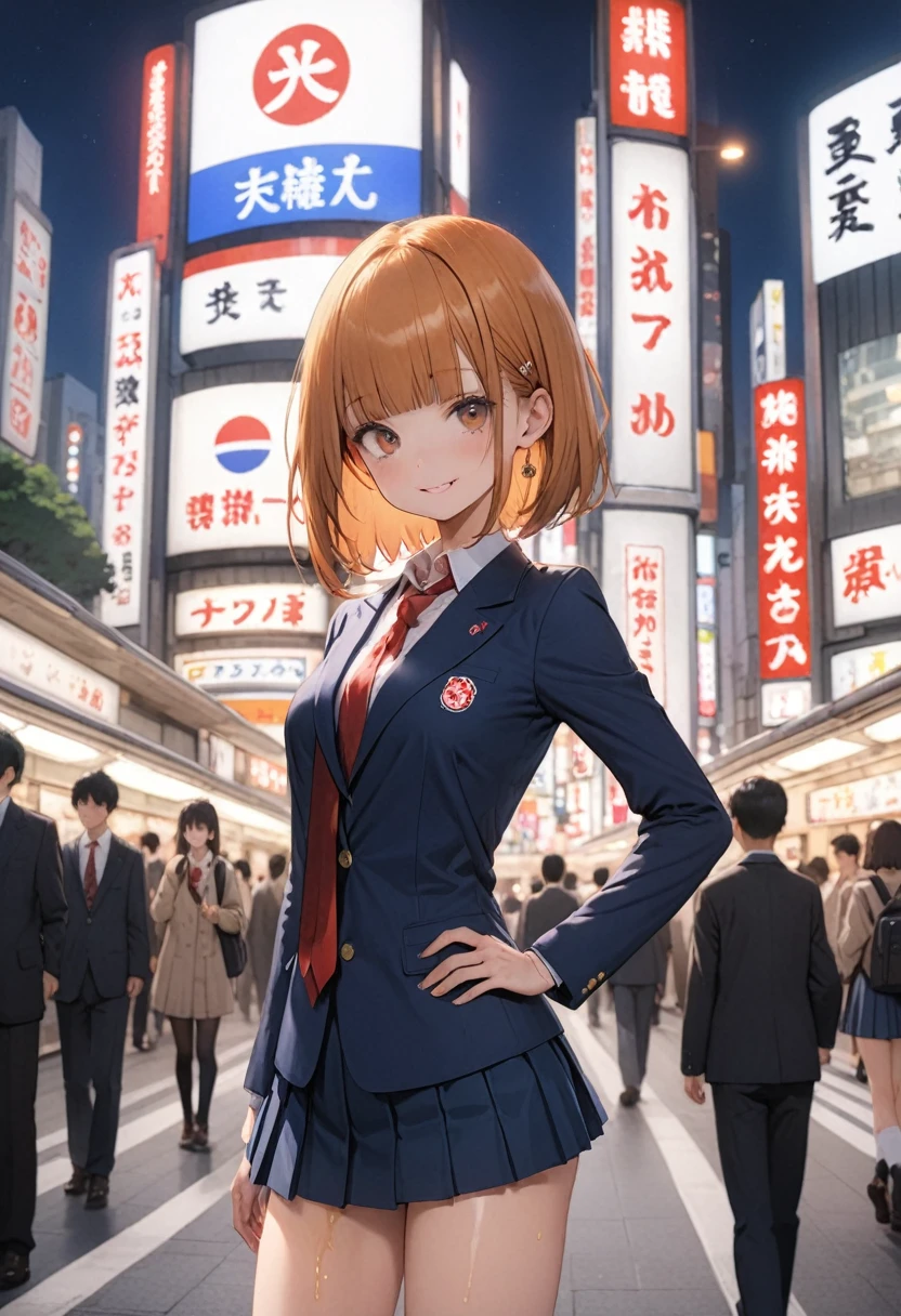 ((masterpiece,Highest quality:1.3,best quality illustration)),cowboy shot,1woman、独奏,16-year-old Japan beauty,((very small head:1.3)),short bob hair,blunt bangs,orange hair,brown eyes,gorgeous eyes,blush,smile,medium breasts,((very long body)),(School uniform,Navy blue blazer、Red tie、White Shirt、Navy blue pleated mini skirt),(toned body,slender body,skinny),gleaming skin,shiny skin,oily skin,standing,Shibuya Station、Tokyo