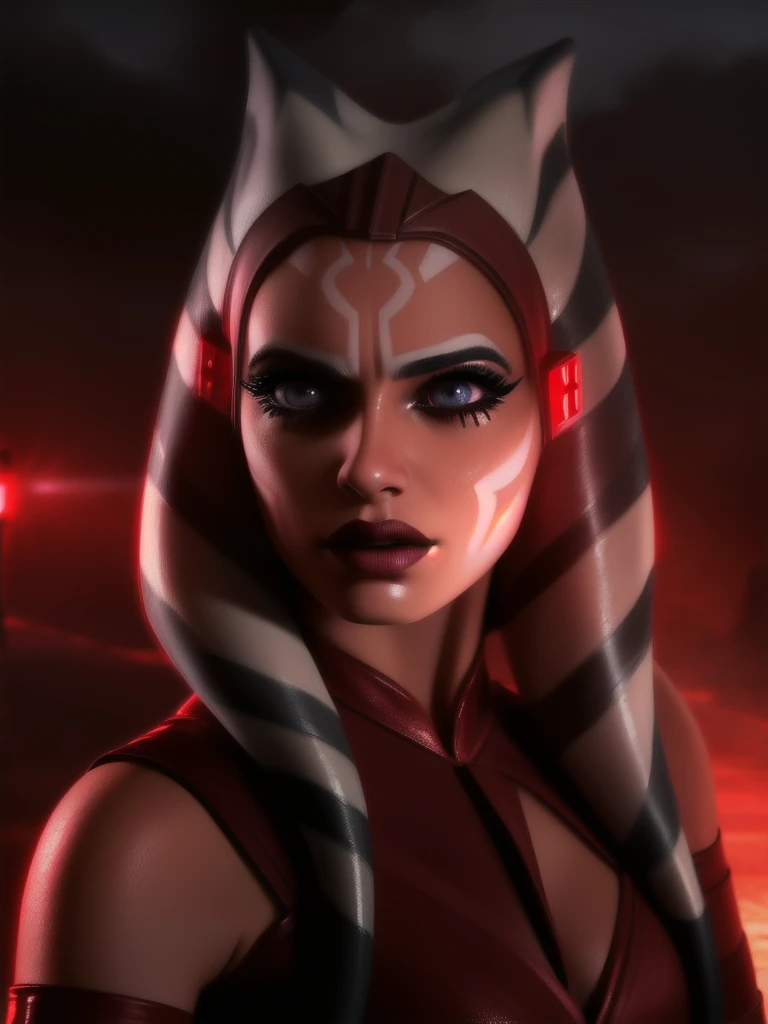 a highly detailed and realistic portrait of Ahsoka Tano, a female Togruta with beautiful detailed eyes, beautiful detailed lips, extremely detailed face, long eyelashes, holding a red lightsaber, dark side version, ambient lighting, cinematic composition, dramatic lighting, moody and atmospheric, photorealistic, 8k, intricate details, hyperrealistic, masterpiece
